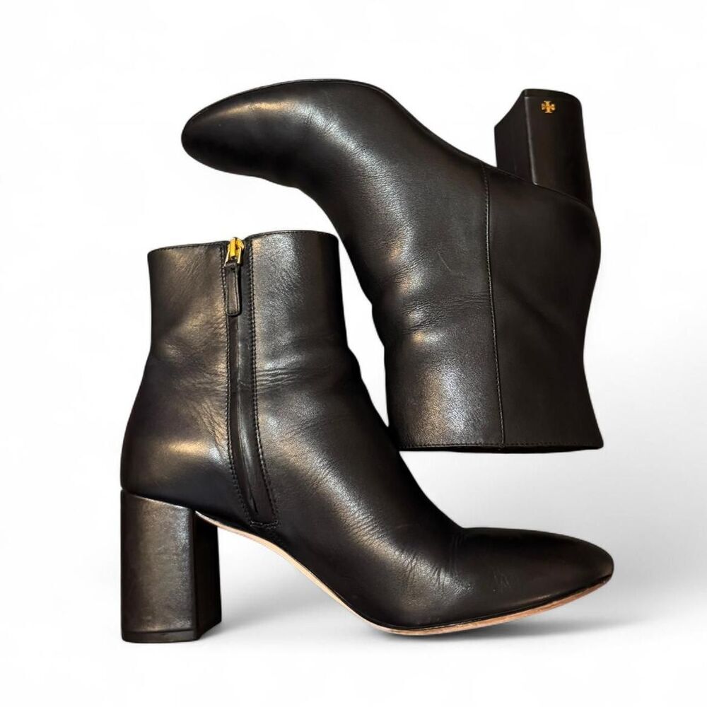 Tory Burch Womens Black Leather Ankle Boots Size 10 Block Heel Gold Logo